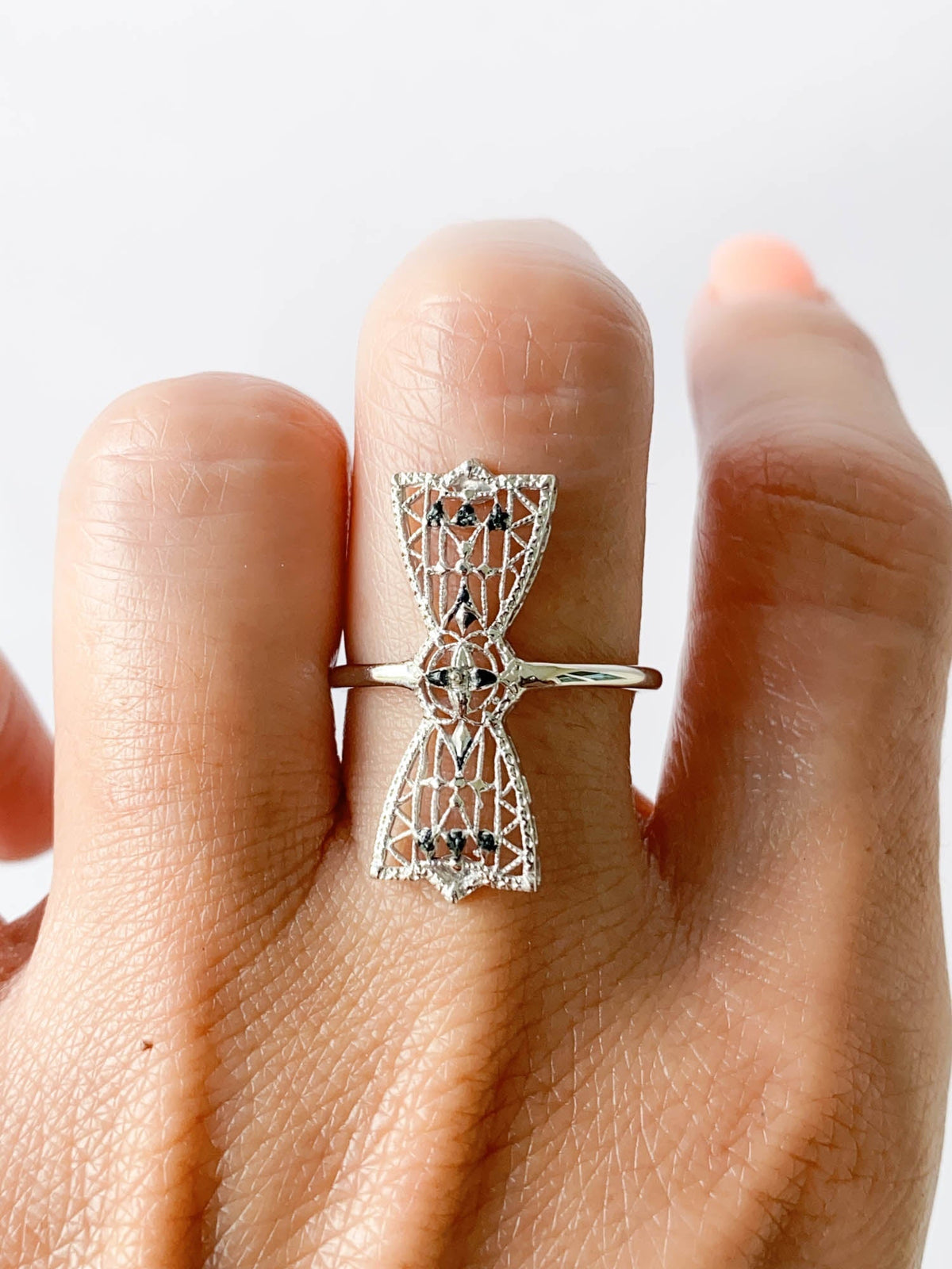 Vintage Filigree Bow Pin Converted to Navette Ring 14K White Gold R6546 Aurora Designer