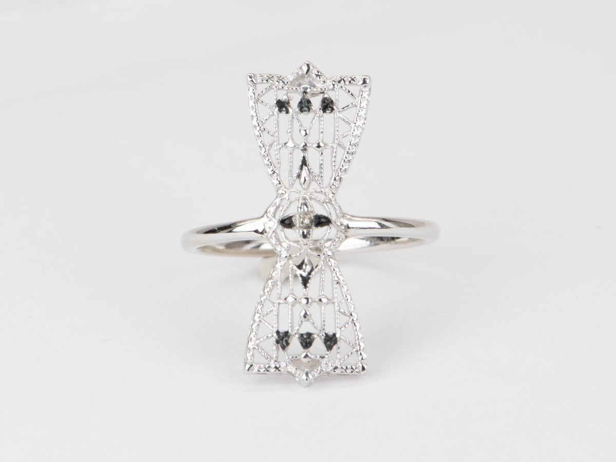 Vintage Filigree Bow Pin Converted to Navette Ring 14K White Gold R6546 Aurora Designer