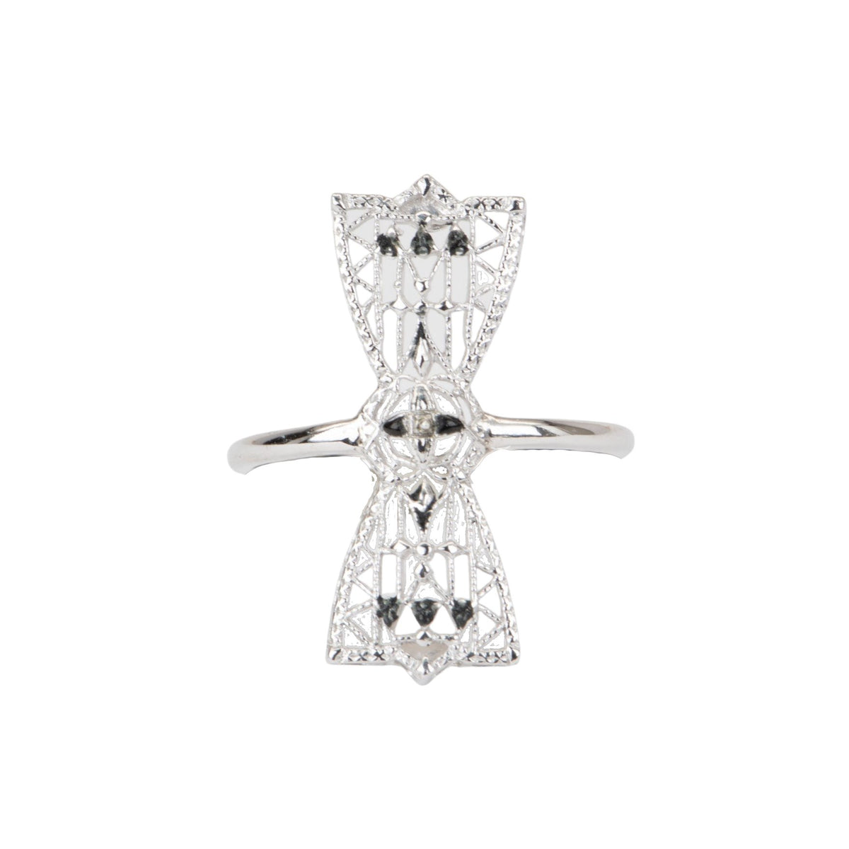 Vintage Filigree Bow Pin Converted to Navette Ring 14K White Gold R6546 Aurora Designer
