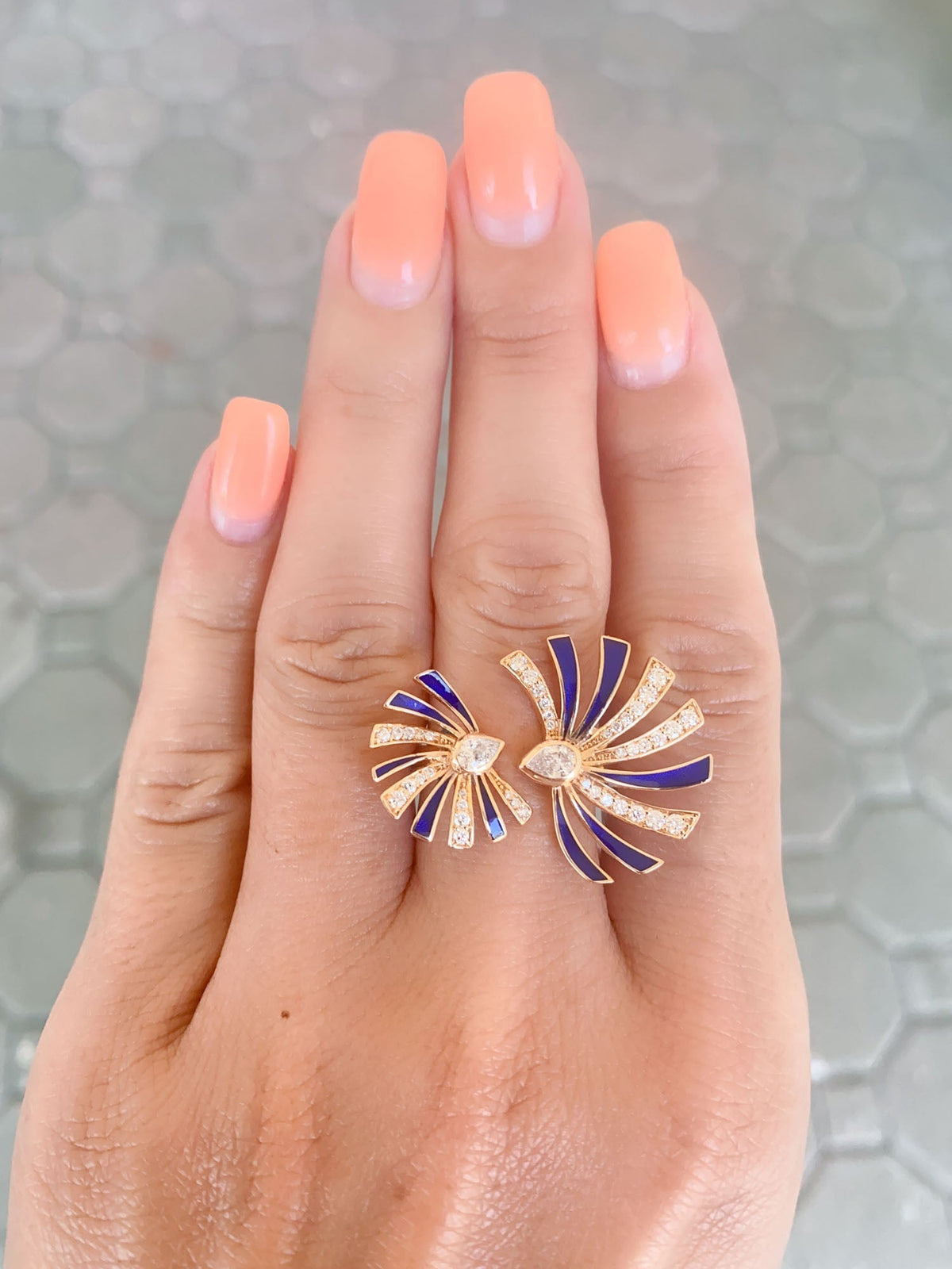 Heavy 18K Gold Open End Fan Ring with Natural Diamond and Blue Enamel Accent 9.8g 0.77ctw diamond R6547 Aurora Designer