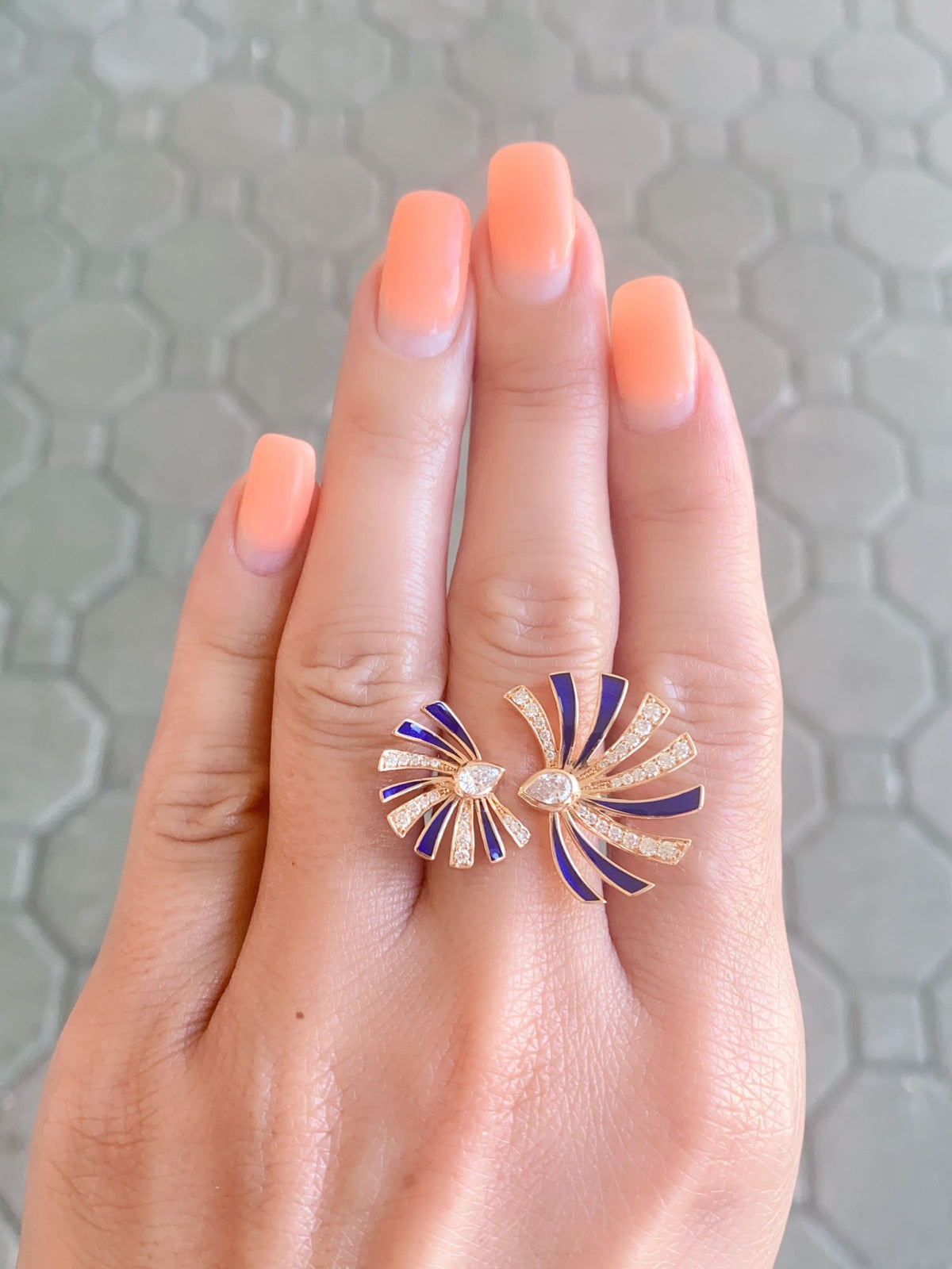 Heavy 18K Gold Open End Fan Ring with Natural Diamond and Blue Enamel Accent 9.8g 0.77ctw diamond R6547 Aurora Designer