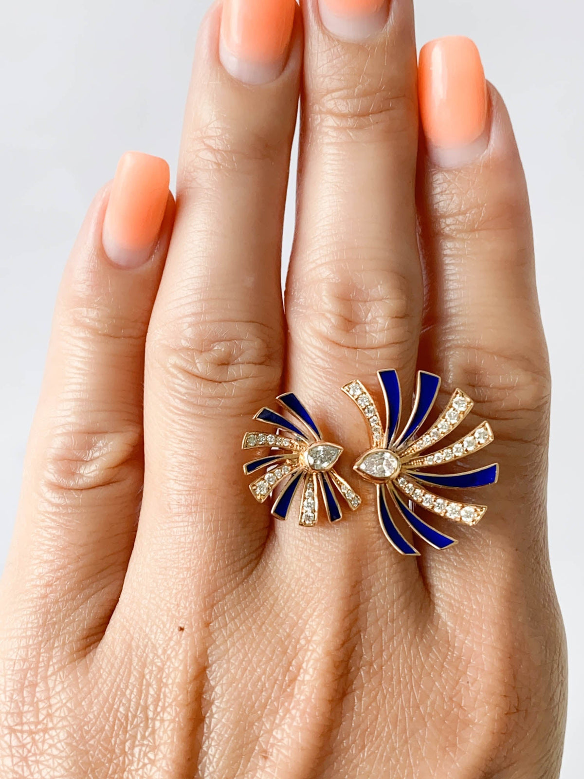 Heavy 18K Gold Open End Fan Ring with Natural Diamond and Blue Enamel Accent 9.8g 0.77ctw diamond R6547 Aurora Designer