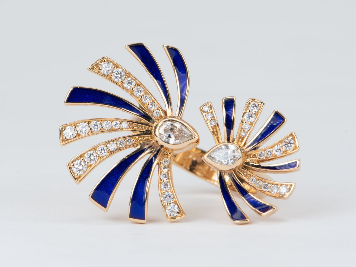 Heavy 18K Gold Open End Fan Ring with Natural Diamond and Blue Enamel Accent 9.8g 0.77ctw diamond R6547 Aurora Designer