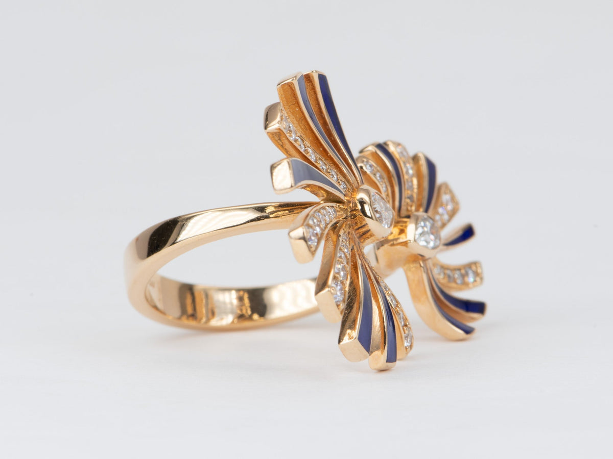 Heavy 18K Gold Open End Fan Ring with Natural Diamond and Blue Enamel Accent 9.8g 0.77ctw diamond R6547 Aurora Designer