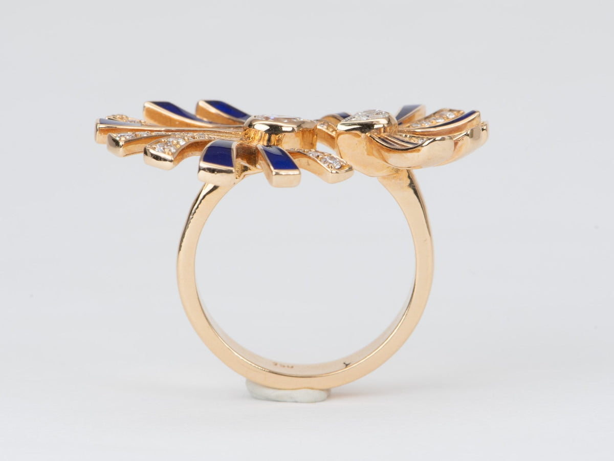Heavy 18K Gold Open End Fan Ring with Natural Diamond and Blue Enamel Accent 9.8g 0.77ctw diamond R6547 Aurora Designer