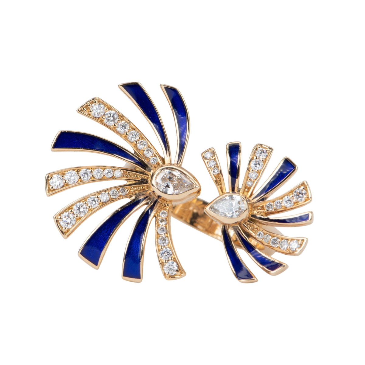Heavy 18K Gold Open End Fan Ring with Natural Diamond and Blue Enamel Accent 9.8g 0.77ctw diamond R6547 Aurora Designer