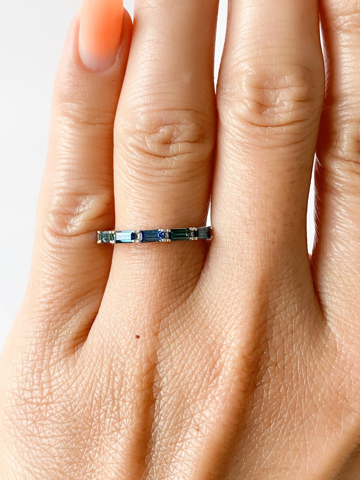 Baguette Teal Sapphire Wedding Band 14K Gold R6550 Aurora Designer