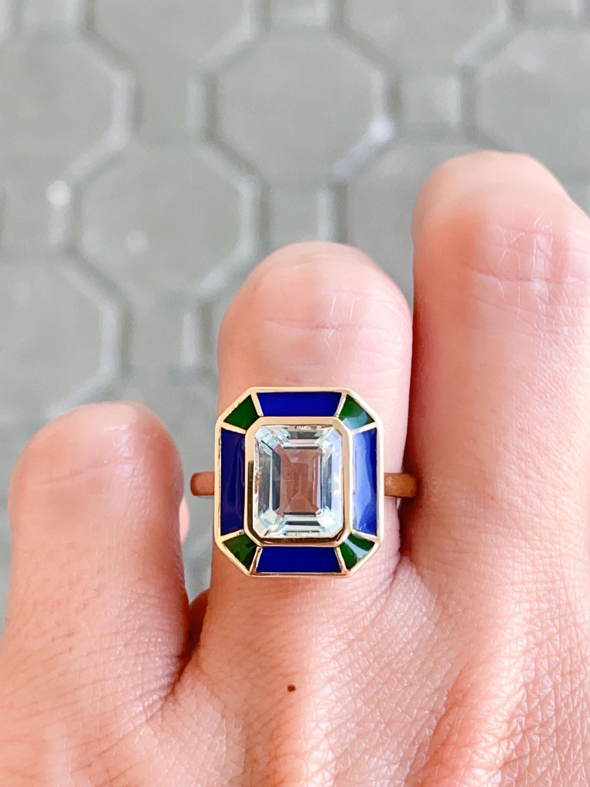 2.79ct Aquamarine Bezel Set with Blue Green Enamel 14K Gold Statement Ring R6552 Aurora Designer