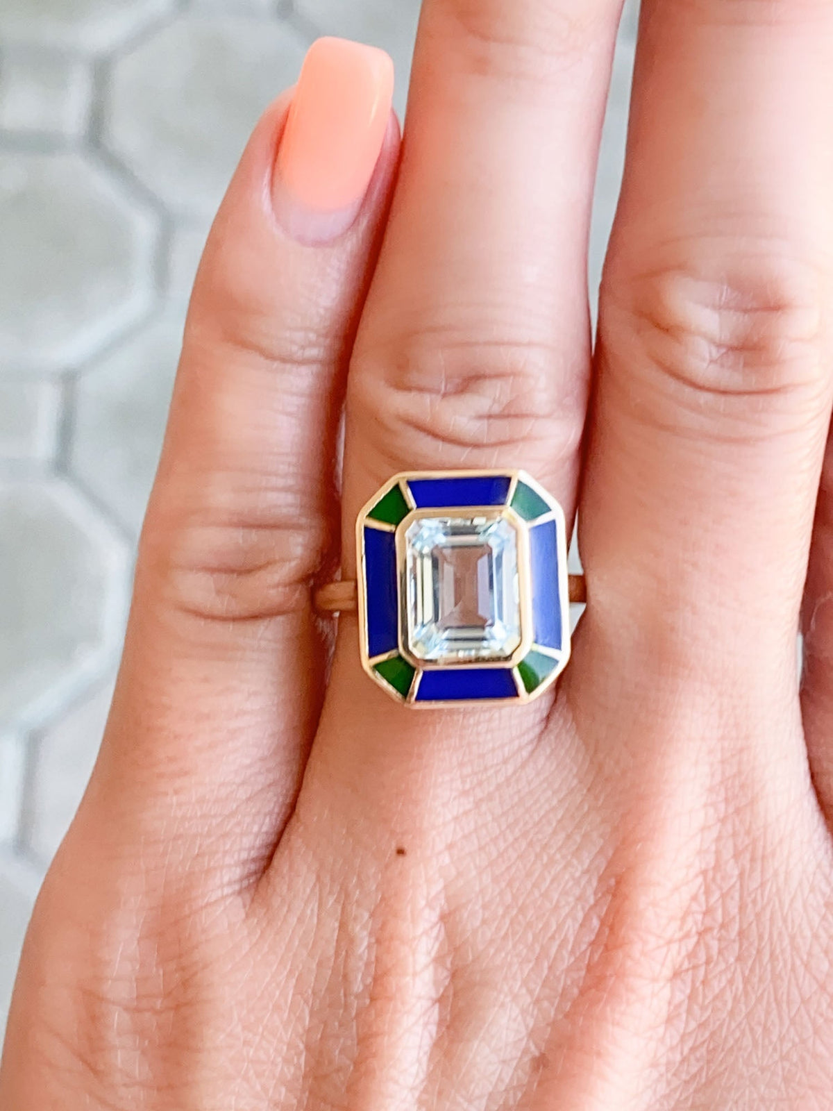 2.79ct Aquamarine Bezel Set with Blue Green Enamel 14K Gold Statement Ring R6552 Aurora Designer