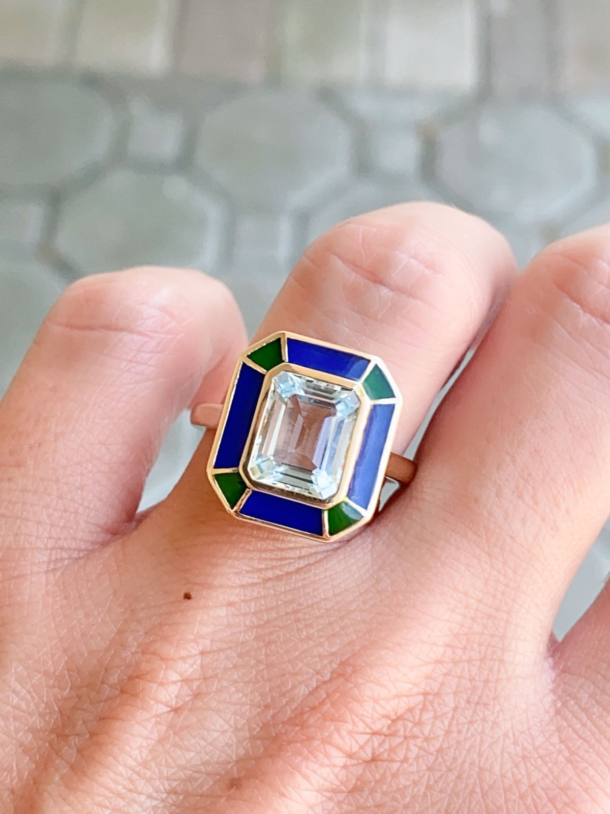 2.79ct Aquamarine Bezel Set with Blue Green Enamel 14K Gold Statement Ring R6552 Aurora Designer