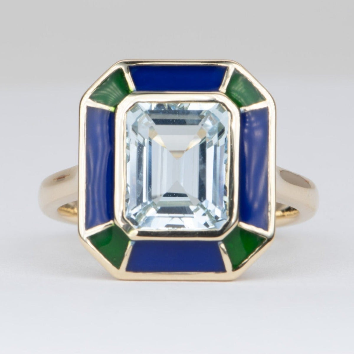 2.79ct Aquamarine Bezel Set with Blue Green Enamel 14K Gold Statement Ring R6552 Aurora Designer