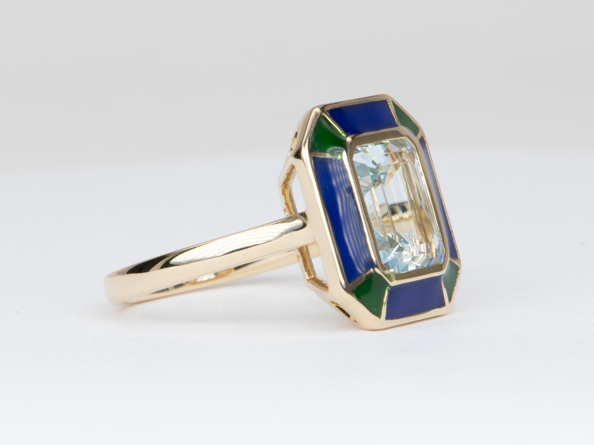 2.79ct Aquamarine Bezel Set with Blue Green Enamel 14K Gold Statement Ring R6552 Aurora Designer