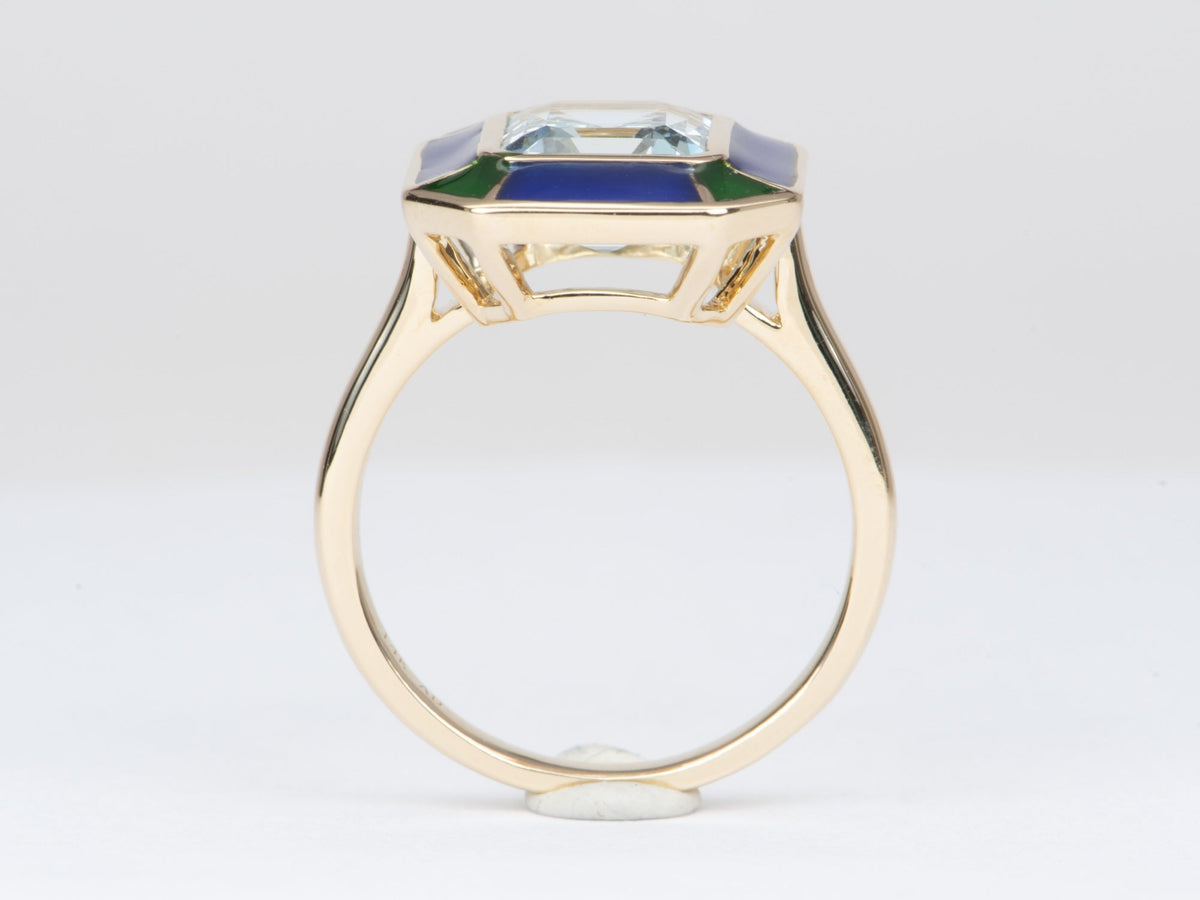 2.79ct Aquamarine Bezel Set with Blue Green Enamel 14K Gold Statement Ring R6552 Aurora Designer