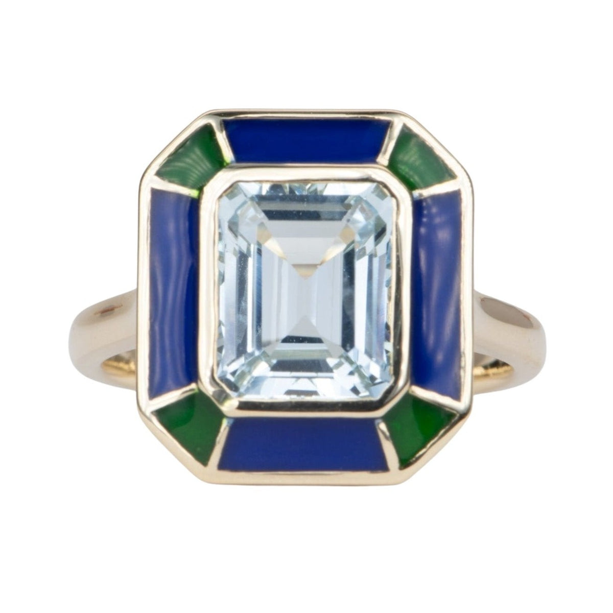 2.79ct Aquamarine Bezel Set with Blue Green Enamel 14K Gold Statement Ring R6552 Aurora Designer