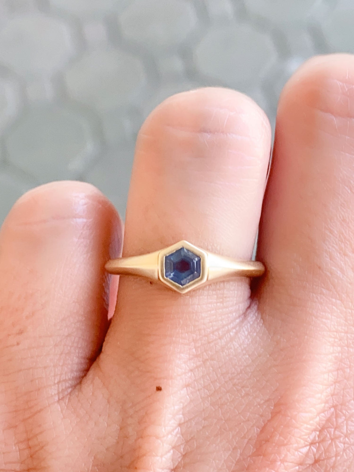 Hexagon Montana Sapphire Bezel Set Signet Ring 14K Gold R6555 Aurora Designer