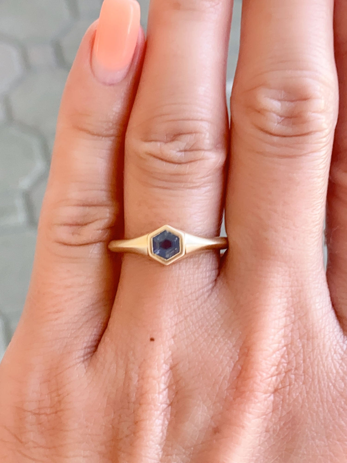 Hexagon Montana Sapphire Bezel Set Signet Ring 14K Gold R6555 Aurora Designer