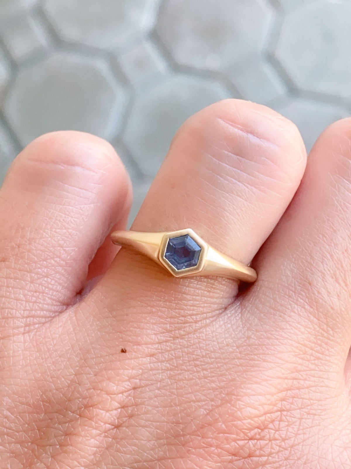 Hexagon Montana Sapphire Bezel Set Signet Ring 14K Gold R6555 Aurora Designer