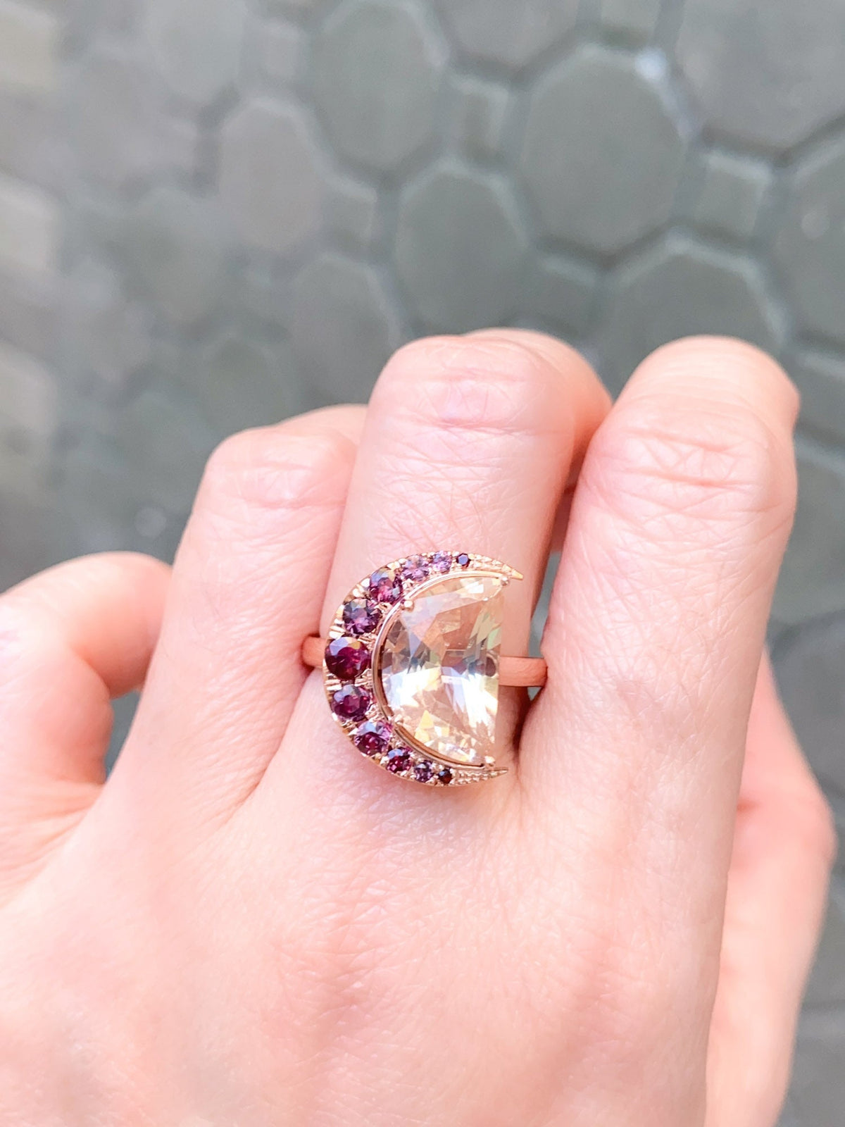 3.33ct Half Moon Oregon Sunstone with Sapphire Halo 14K Rose Gold Ring R6556 Aurora Designer