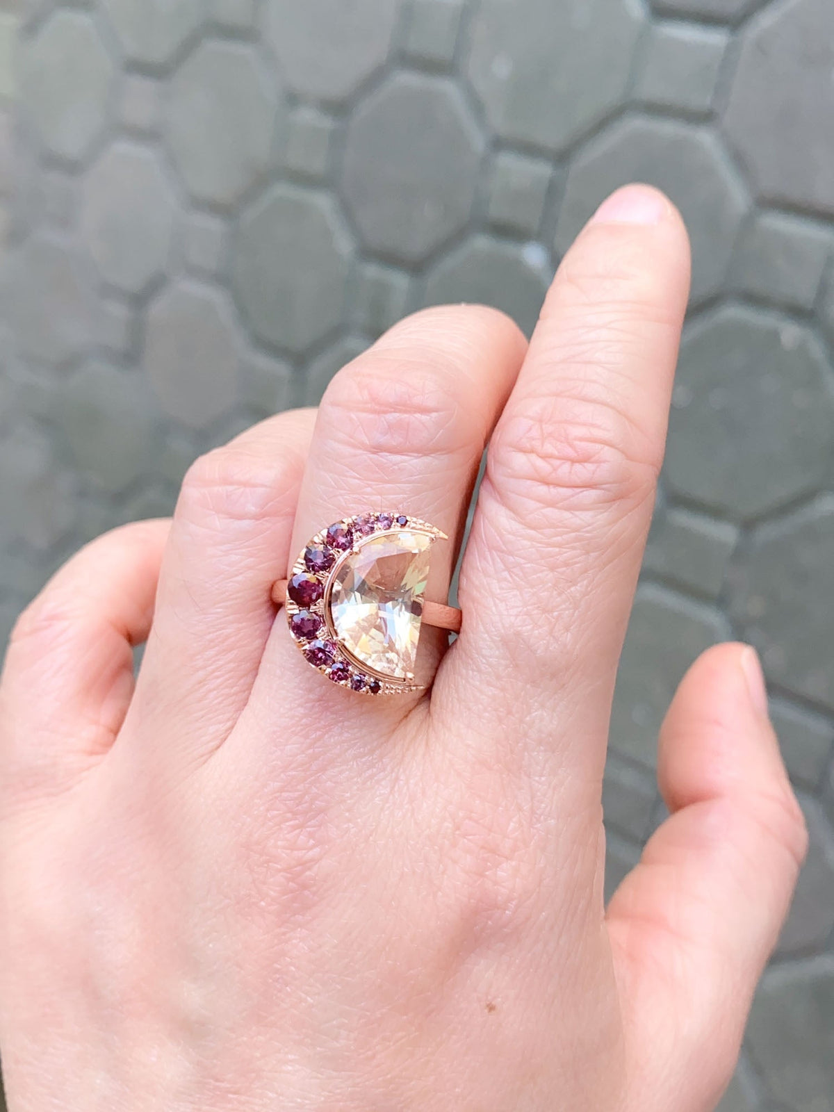 3.33ct Half Moon Oregon Sunstone with Sapphire Halo 14K Rose Gold Ring R6556 Aurora Designer