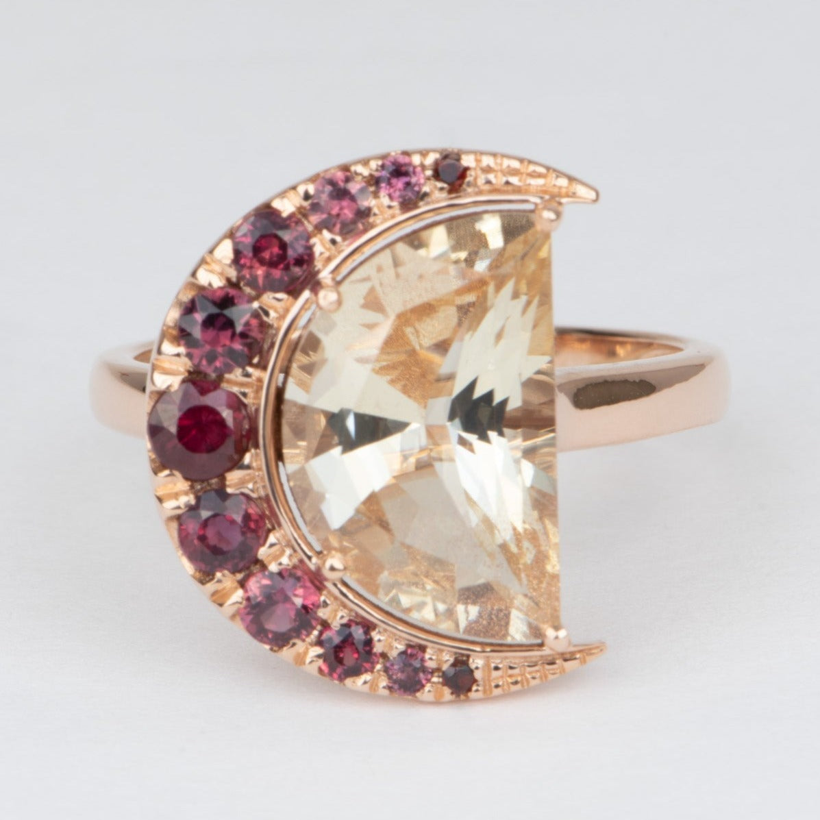 3.33ct Half Moon Oregon Sunstone with Sapphire Halo 14K Rose Gold Ring R6556 Aurora Designer