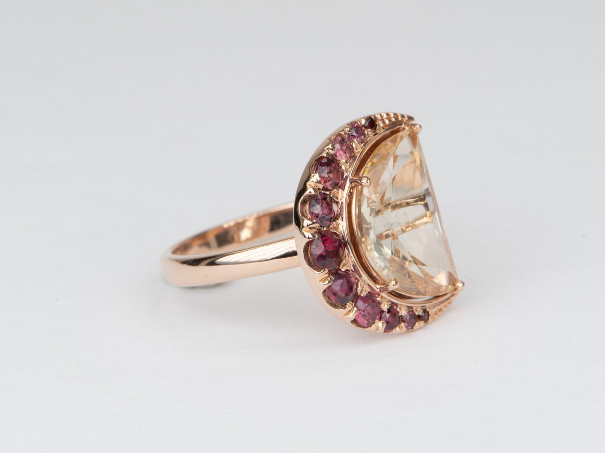 3.33ct Half Moon Oregon Sunstone with Sapphire Halo 14K Rose Gold Ring R6556 Aurora Designer