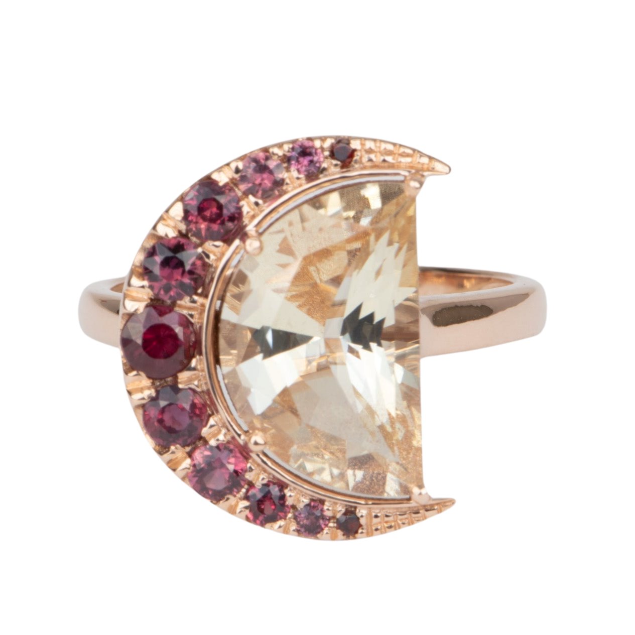 3.33ct Half Moon Oregon Sunstone with Sapphire Halo 14K Rose Gold Ring R6556 Aurora Designer