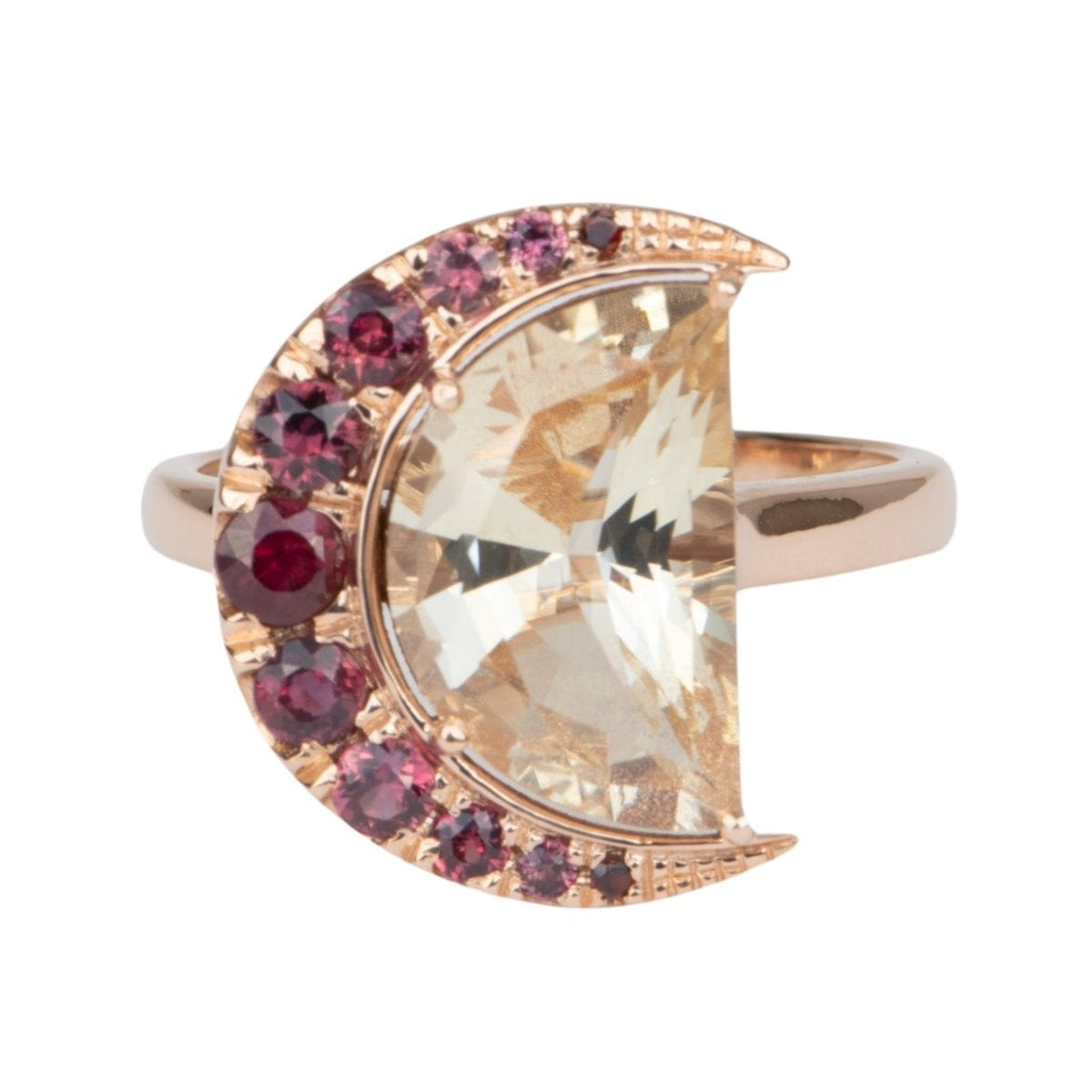 3.33ct Half Moon Oregon Sunstone with Garnet Halo 14K Rose Gold Ring R6556 Aurora Designer