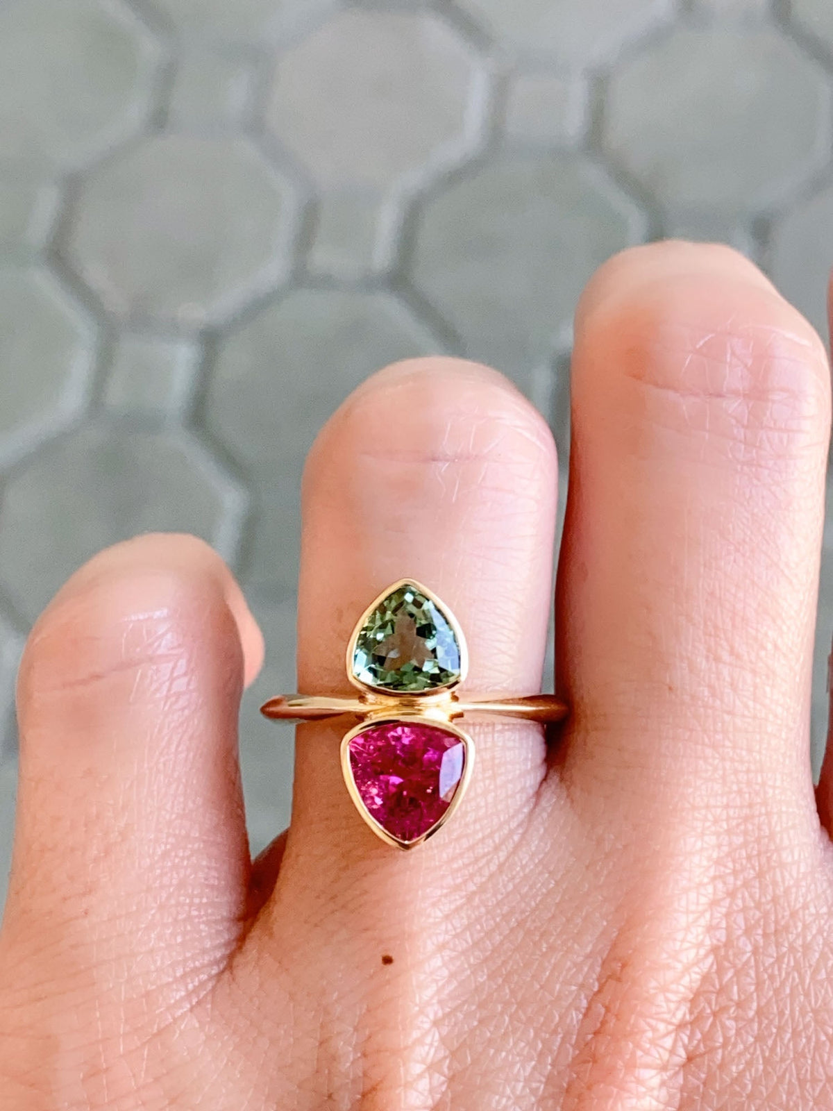 3.53ct Rubellite and Mint Green Tourmaline You and Me Ring 14K Gold R6557 Aurora Designer