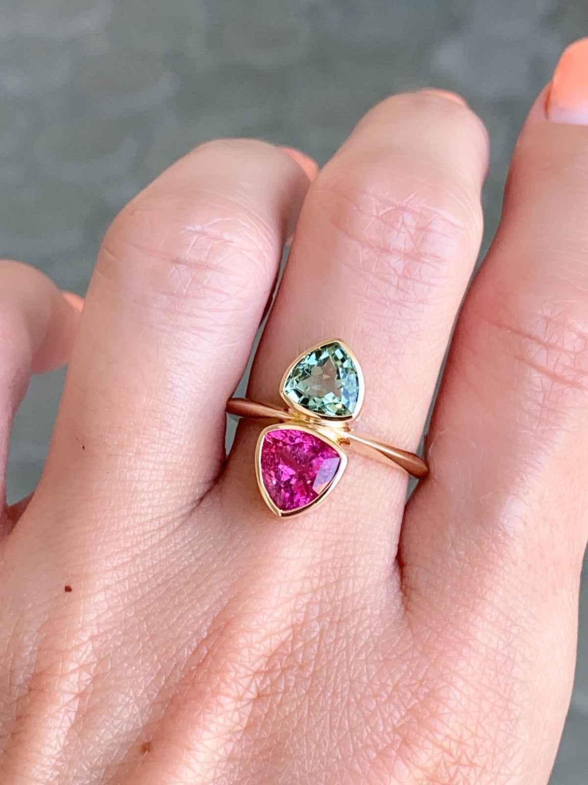 3.53ct Rubellite and Mint Green Tourmaline You and Me Ring 14K Gold R6557 Aurora Designer