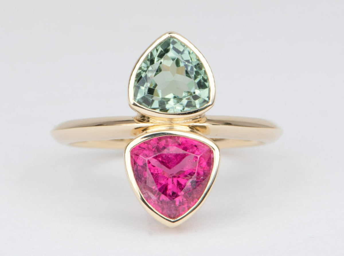 3.53ct Rubellite and Mint Green Tourmaline You and Me Ring 14K Gold R6557 Aurora Designer