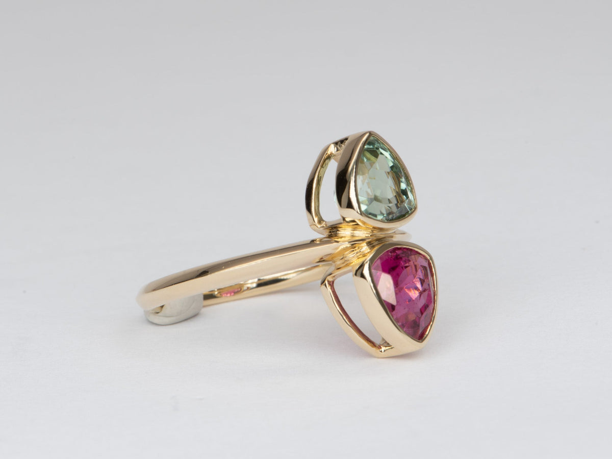 3.53ct Rubellite and Mint Green Tourmaline You and Me Ring 14K Gold R6557 Aurora Designer