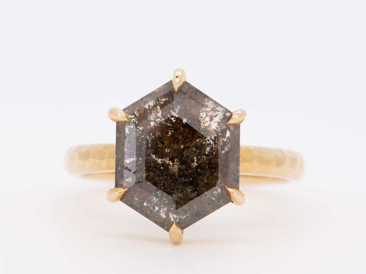 2.55ct Hexagon Salt and Pepper Diamond Solitaire Ring with Hammered Band 14K Gold R6559 Aurora Designer