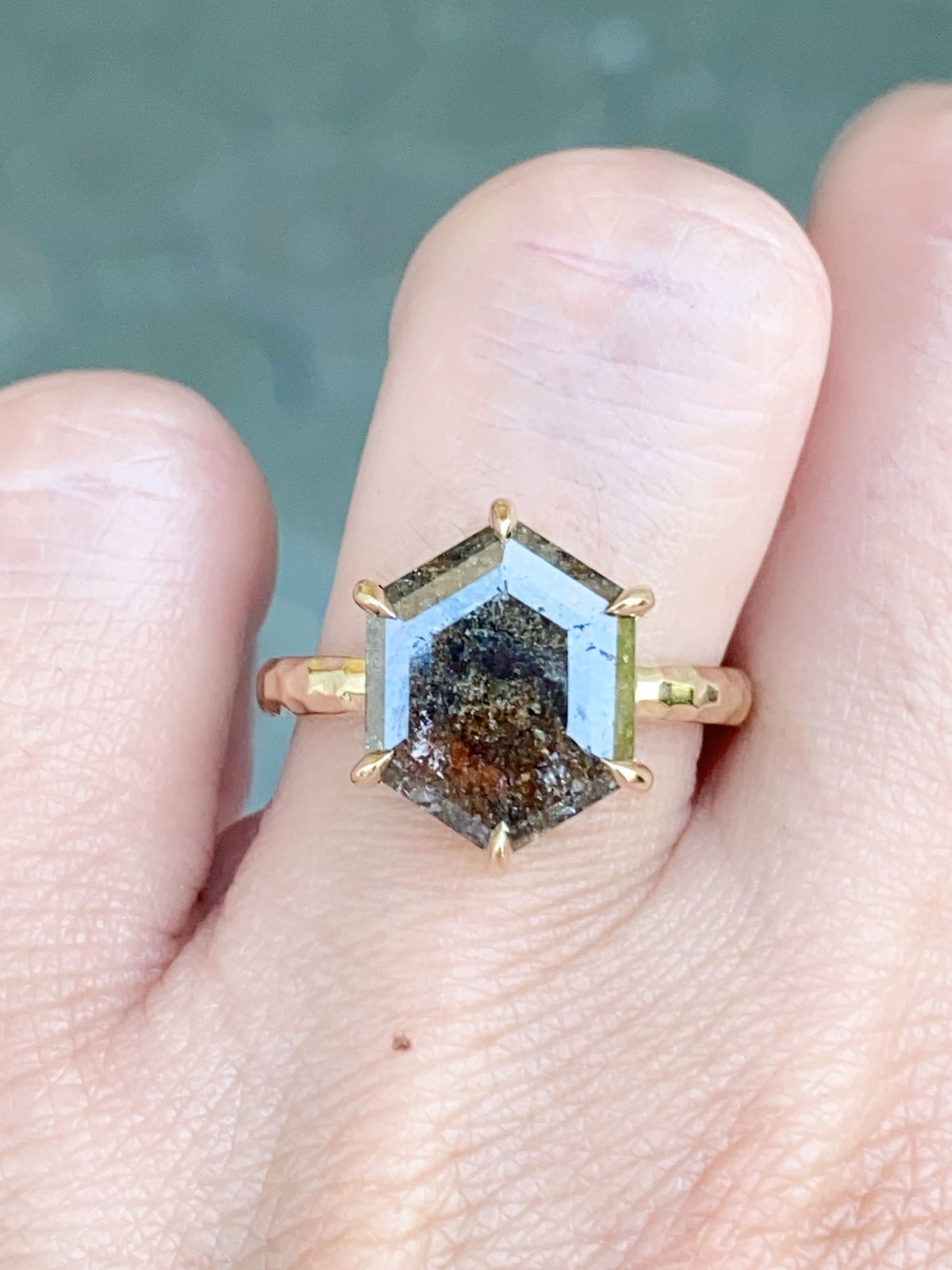 2.55ct Hexagon Salt and Pepper Diamond Solitaire Ring with Hammered Band 14K Gold R6559 Aurora Designer