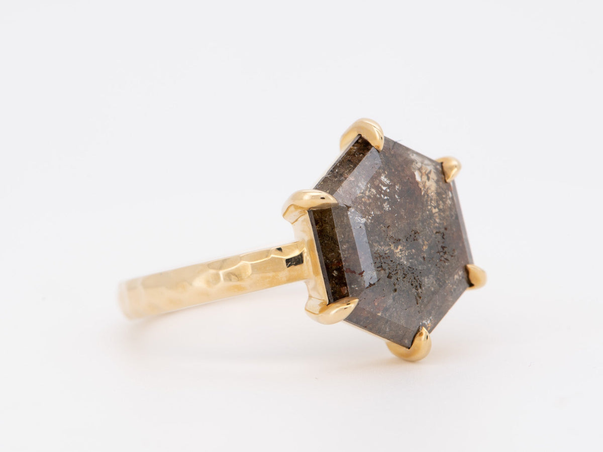 2.55ct Hexagon Salt and Pepper Diamond Solitaire Ring with Hammered Band 14K Gold R6559 Aurora Designer