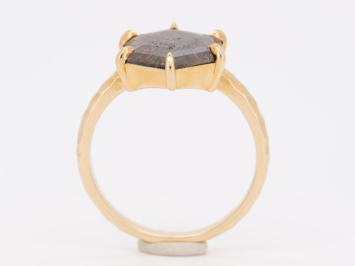 2.55ct Hexagon Salt and Pepper Diamond Solitaire Ring with Hammered Band 14K Gold R6559 Aurora Designer