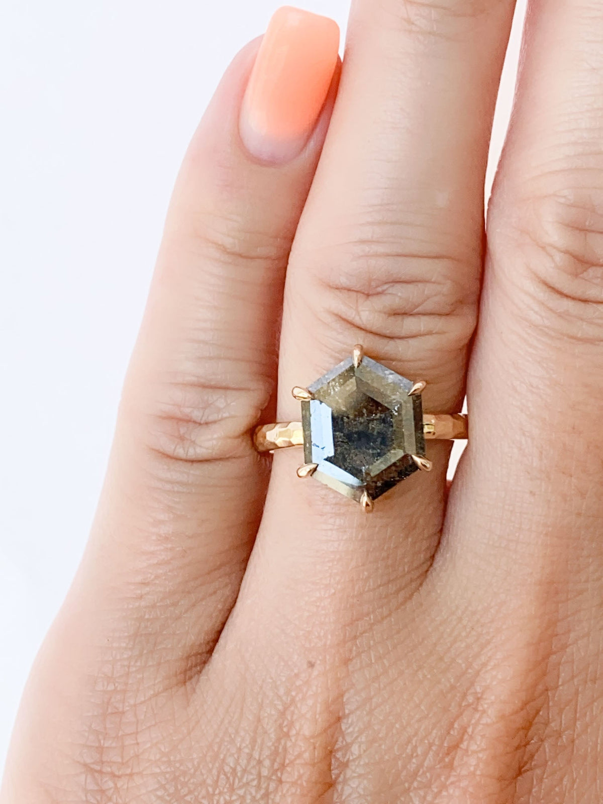 2.55ct Hexagon Salt and Pepper Diamond Solitaire Ring with Hammered Band 14K Gold R6559 Aurora Designer