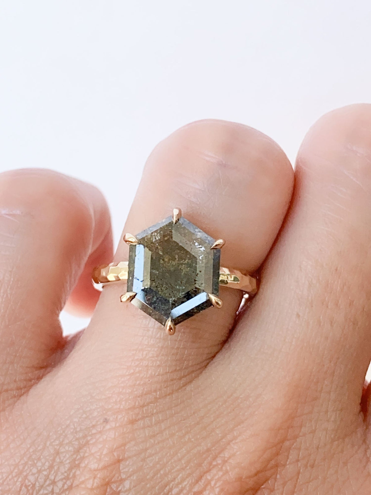 2.55ct Hexagon Salt and Pepper Diamond Solitaire Ring with Hammered Band 14K Gold R6559 Aurora Designer