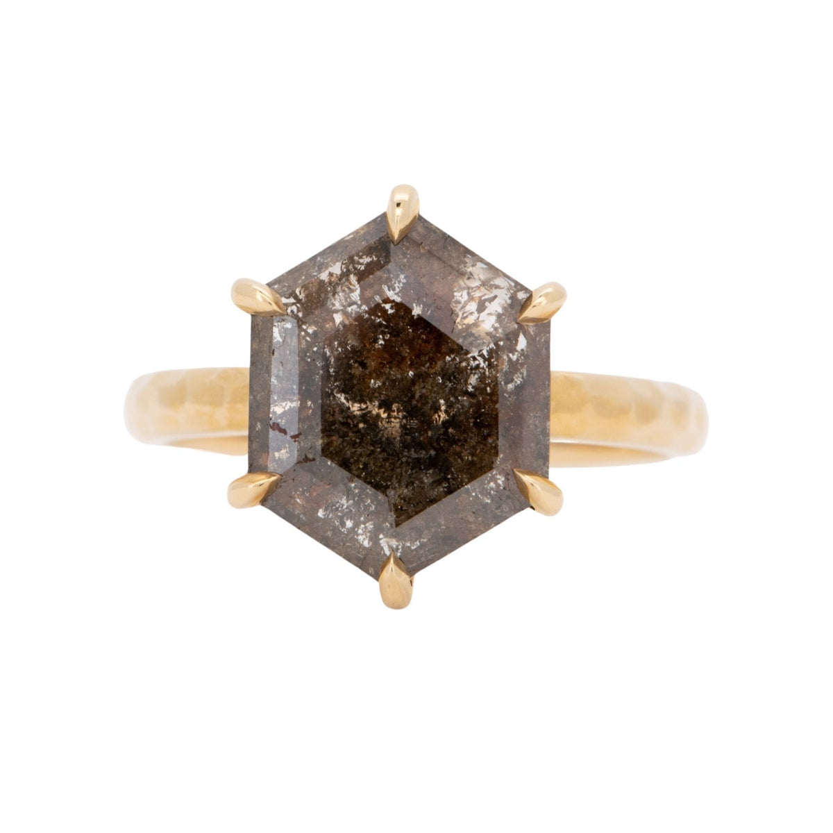 2.55ct Hexagon Salt and Pepper Diamond Solitaire Ring with Hammered Band 14K Gold R6559 Aurora Designer