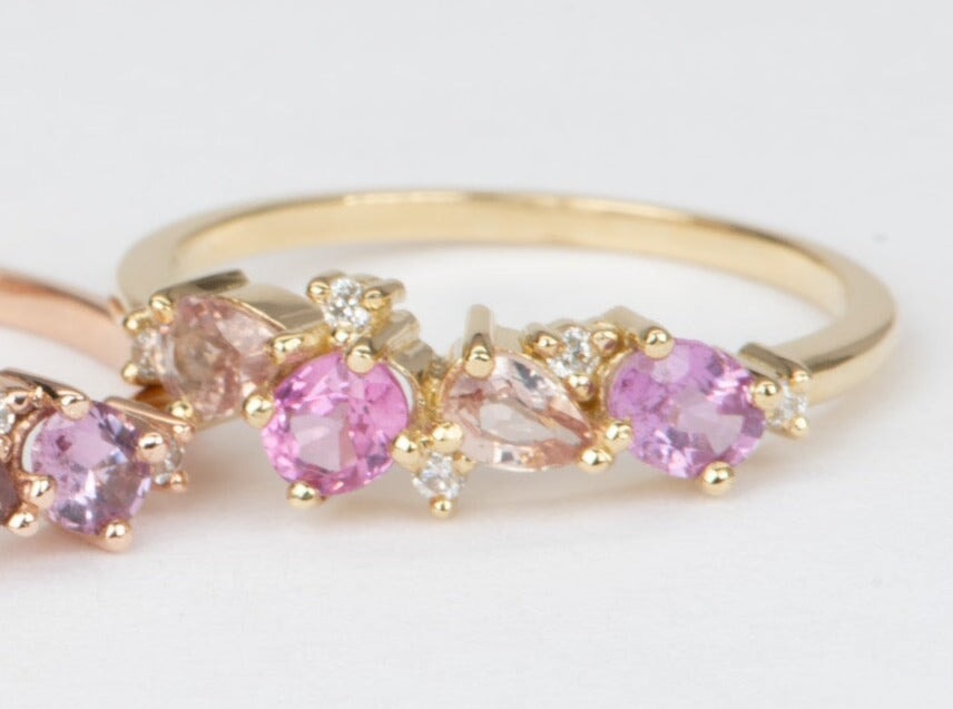 Padparadscha Color Pink Orange Sapphire and Diamond Cluster Wedding Band 14K Gold R6566 Aurora Designer