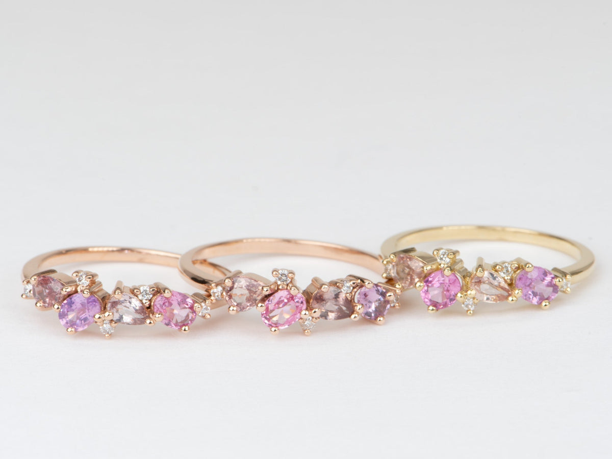 Padparadscha Color Pink Orange Sapphire and Diamond Cluster Wedding Band 14K Gold R6566 Aurora Designer