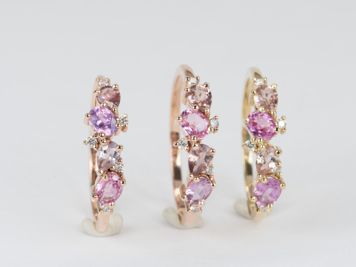Padparadscha Color Pink Orange Sapphire and Diamond Cluster Wedding Band 14K Gold R6566 Aurora Designer