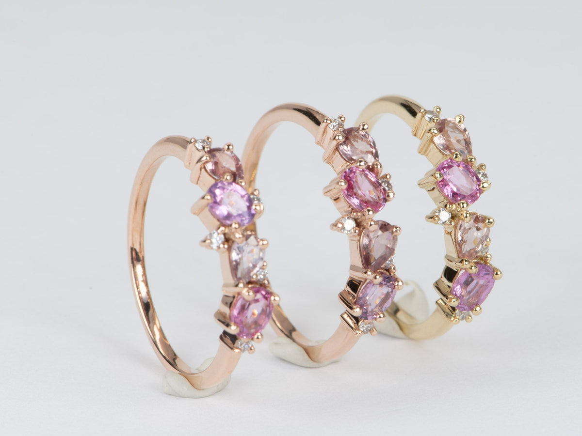 Padparadscha Color Pink Orange Sapphire and Diamond Cluster Wedding Band 14K Gold R6566 Aurora Designer