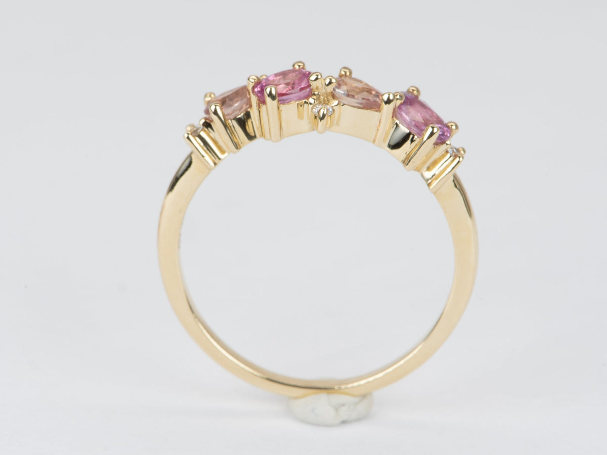 Padparadscha Color Pink Orange Sapphire and Diamond Cluster Wedding Band 14K Gold R6566 Aurora Designer