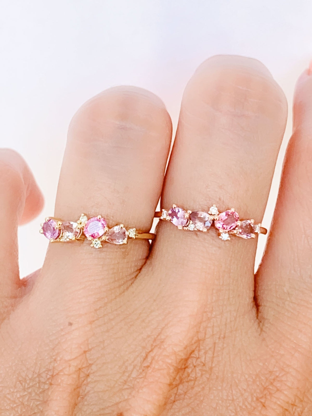 Padparadscha Color Pink Orange Sapphire and Diamond Cluster Wedding Band 14K Gold R6566 Aurora Designer