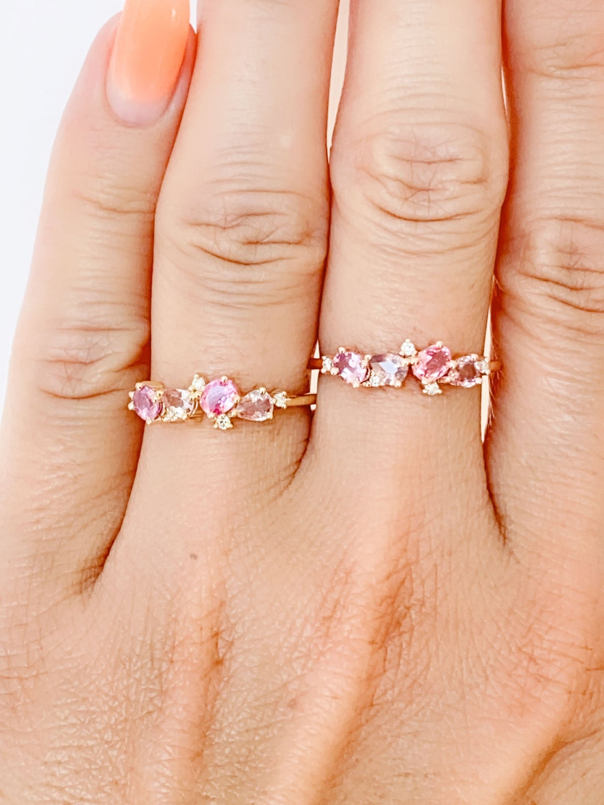 Padparadscha Color Pink Orange Sapphire and Diamond Cluster Wedding Band 14K Gold R6566 Aurora Designer