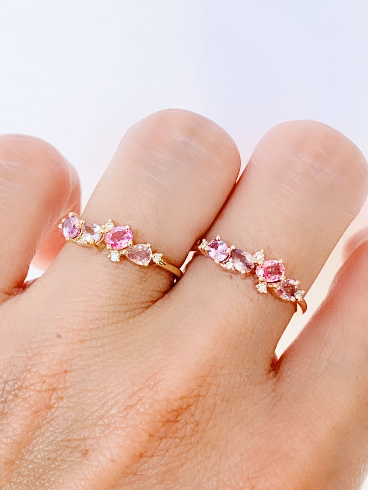 Padparadscha Color Pink Orange Sapphire and Diamond Cluster Wedding Band 14K Gold R6566 Aurora Designer