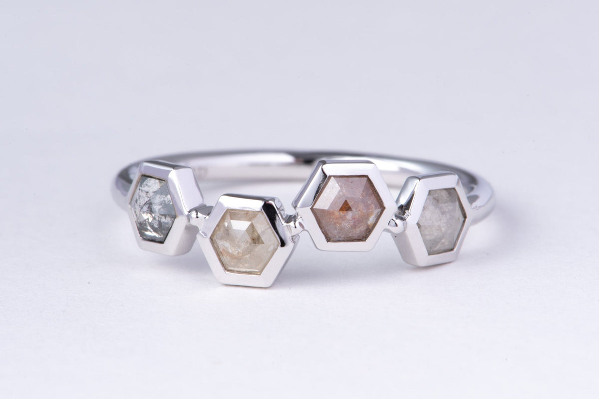 Hexagon Shaped Salt and Pepper Diamond 14K White Gold Wedding Band R6570 Aurora Designer