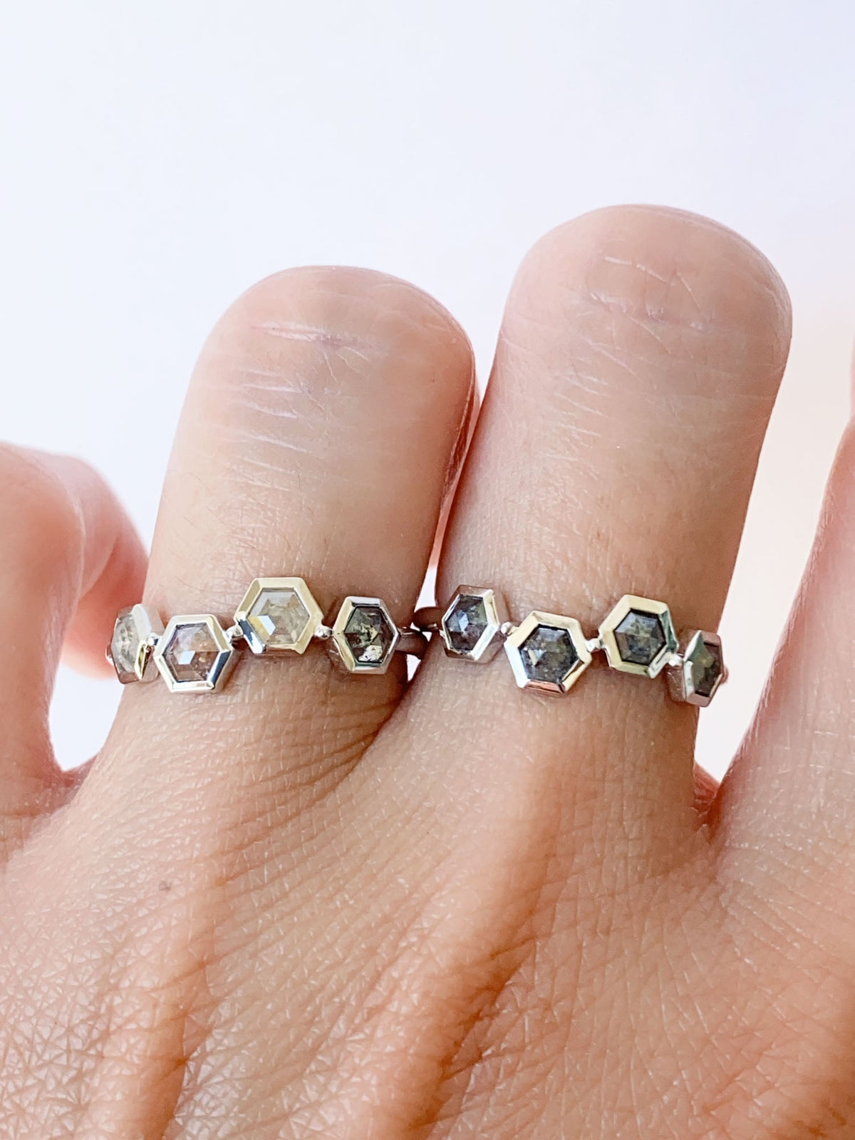 Hexagon Shaped Salt and Pepper Diamond 14K White Gold Wedding Band R6570 Aurora Designer