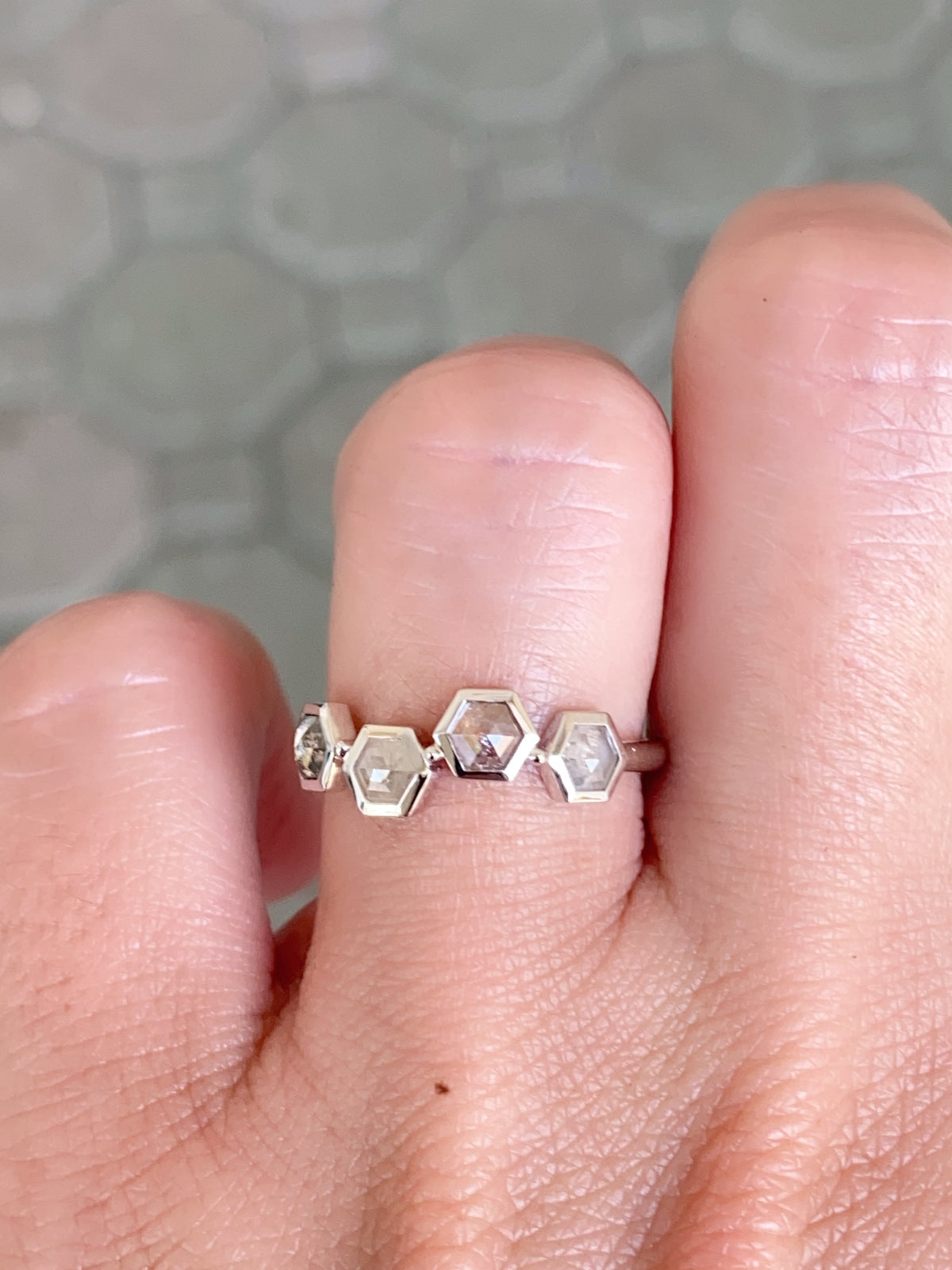 Hexagon Shaped Salt and Pepper Diamond 14K White Gold Wedding Band R6570 Aurora Designer