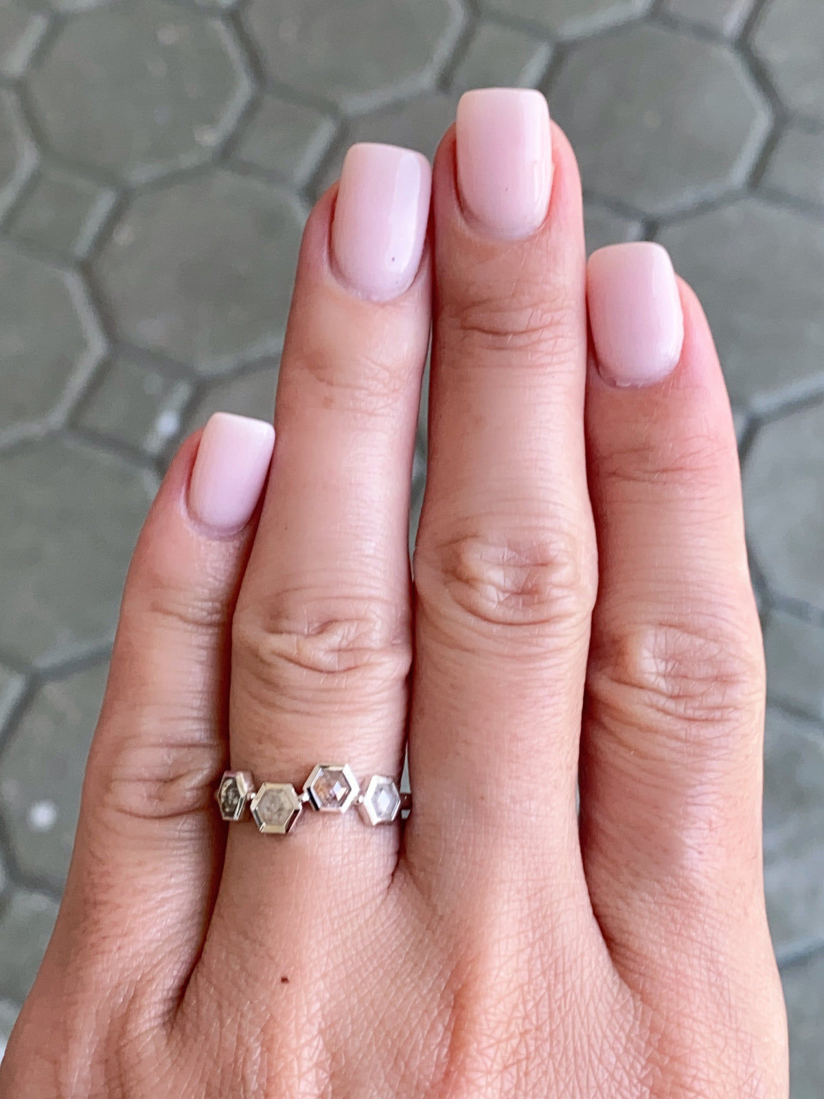 Hexagon Shaped Salt and Pepper Diamond 14K White Gold Wedding Band R6570 Aurora Designer